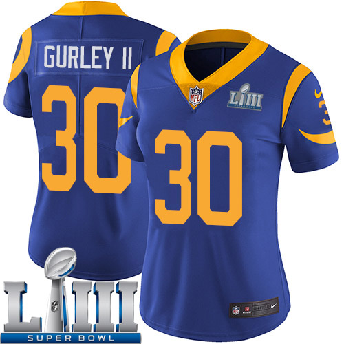 Women Los Angeles Rams #30 Gurley II blue Nike Vapor Untouchable Limited 2019 Super Bowl LIII NFL Jerseys->women nfl jersey->Women Jersey